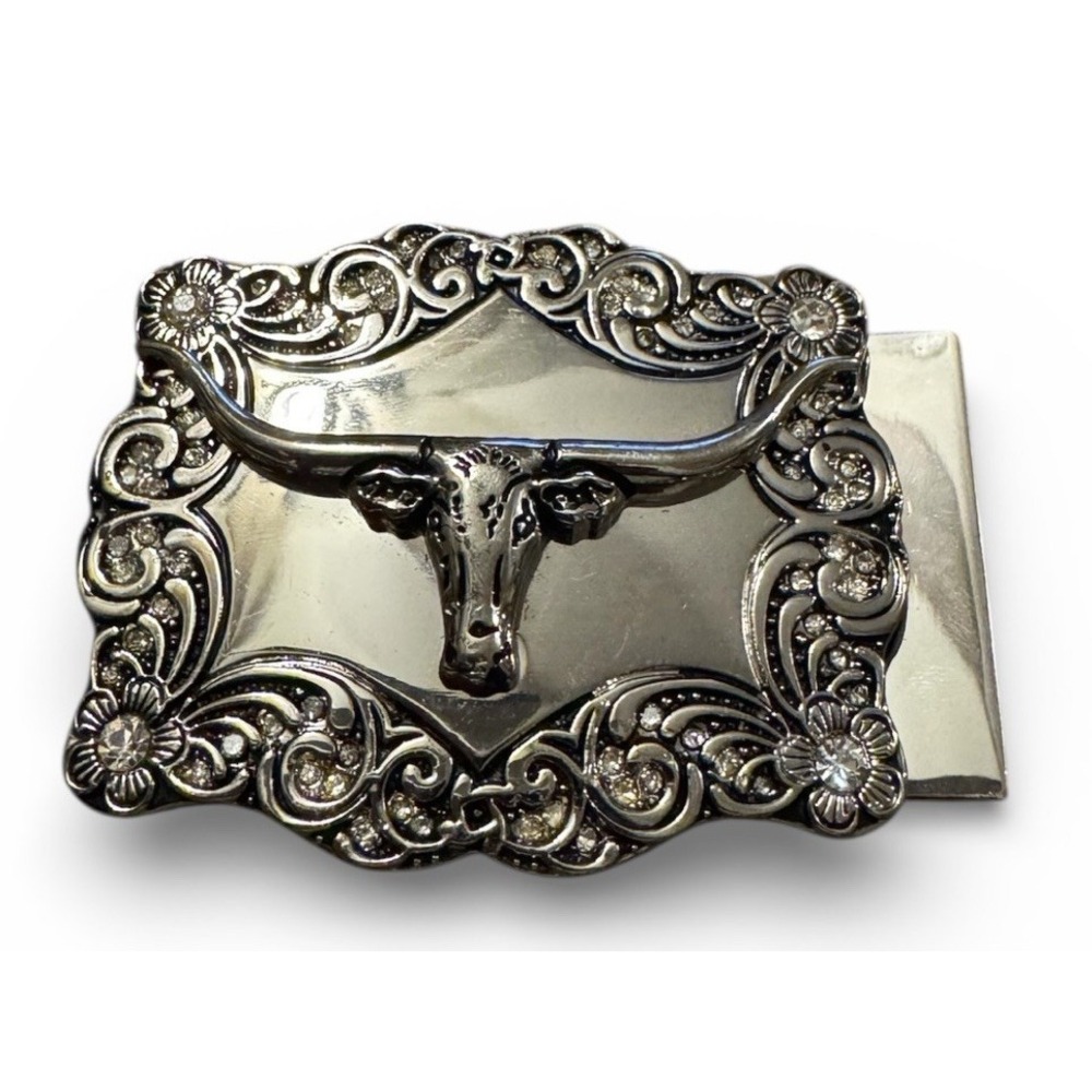 Western Longhorn Steer Belt Buckle Silver Tone Ornate Scroll Cowboy